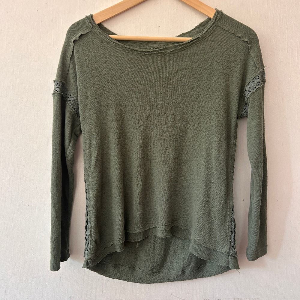 Caslon Sweater Women XXS Petite Green Oversized Raw Hem Boho Forestcore Granola